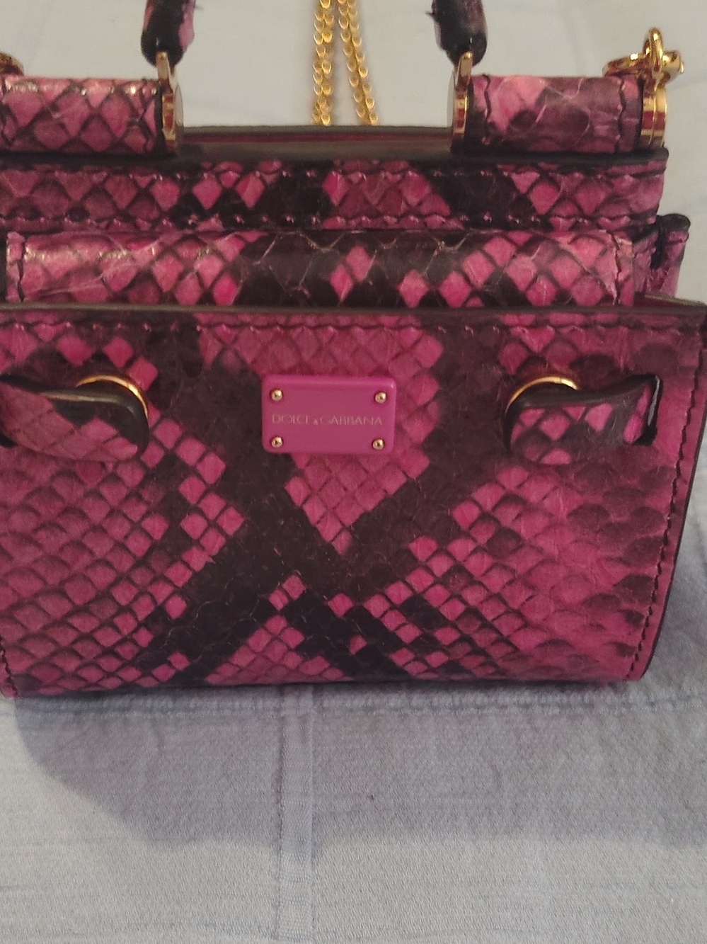 Dolce & Gabbana Pink and Black Snake-Embossed Satchel with Gold Hardware